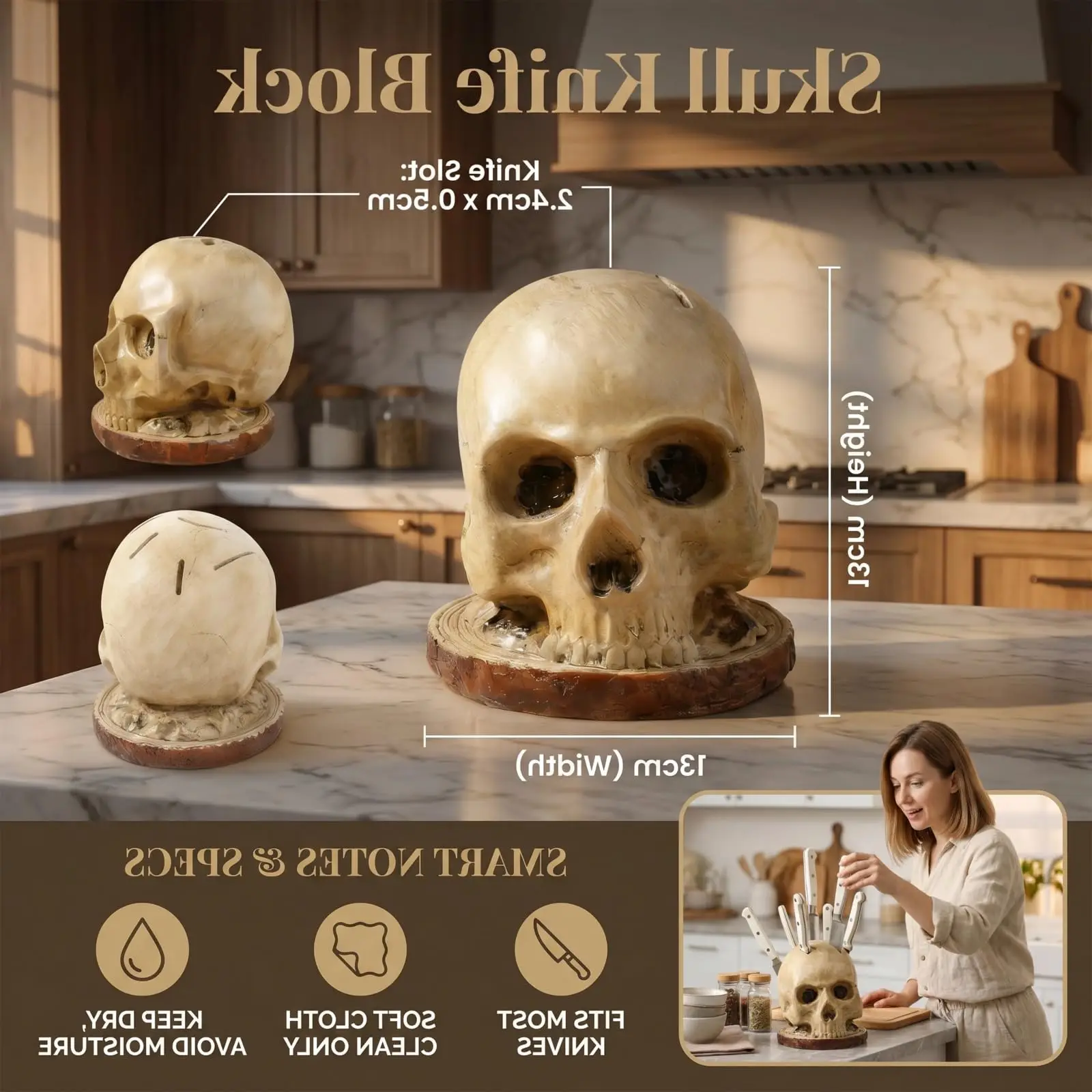 Life Size Skull Knife Block Holder,Hand Painted Resin Skull with 6 Slots for Kitchen Knives & Fruit,Horror Kitchen Party Display