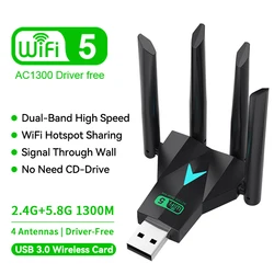 Çift bant 1300Mbps WiFi USB adaptörü 2.4G/5Ghz Wi-Fi Dongle USB3.0 802.11AC 4-Antenna kablosuz alıcı için PC/dizüstü sürücü ücretsiz