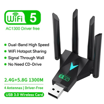 להקה כפולה 1300Mbps wifi מתאם 2.4g/5ghz wifi dongle usb3.0 802.11ac-מקלט אלחוטי 4 אנטנה עבור PC/נייד חינם
