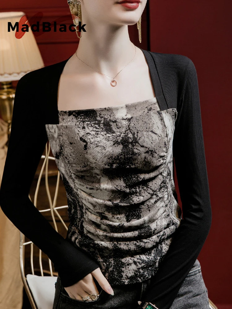 

MadBlack-Women's European T-Shirt, Sexy Square Collar Print, Streetwear Long Sleeve Folds Slim S-3XL Tee, 2025 Winter T5D339CC
