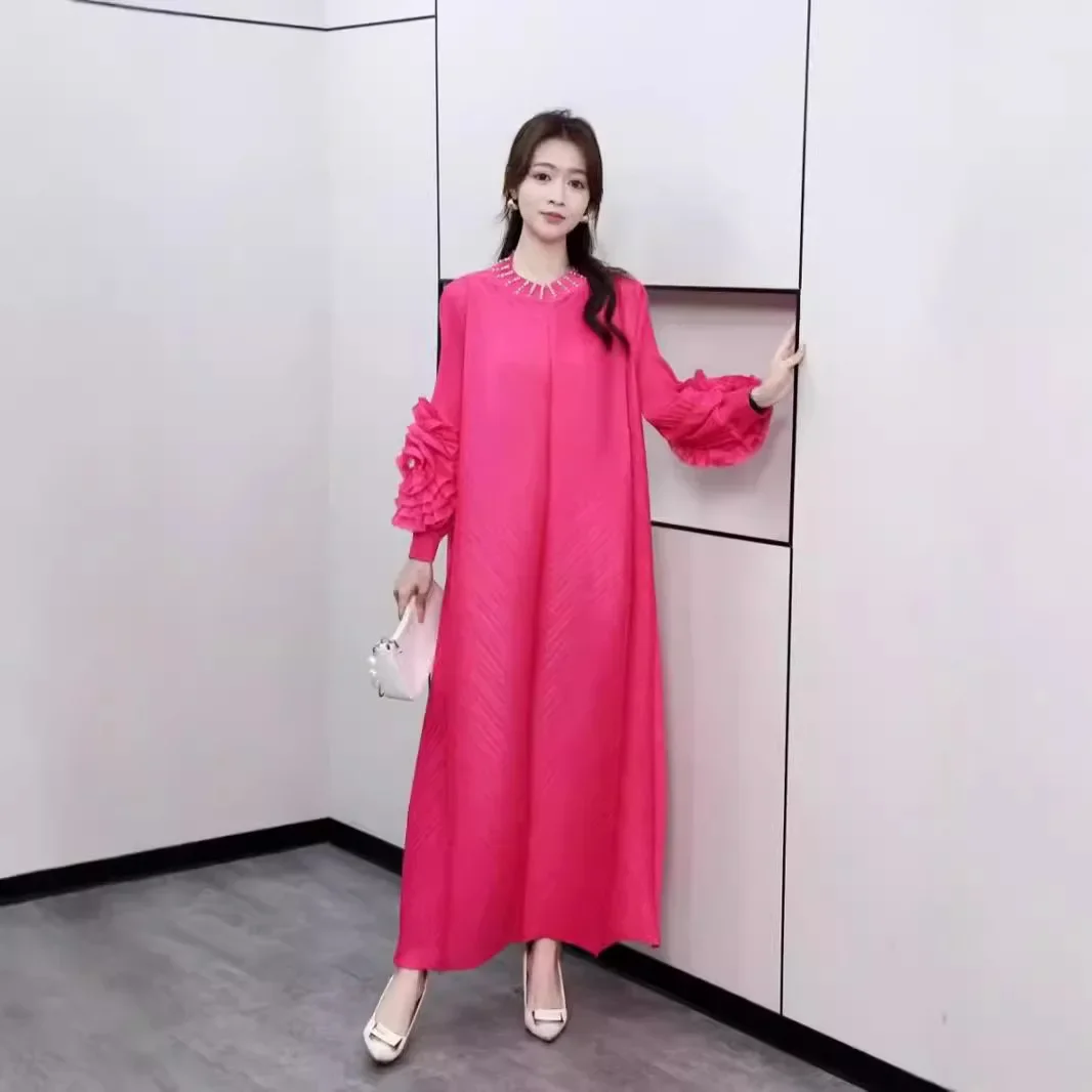 Miyake Pleated Hand-cranked Flower Long-sleeved Loose Dress with Diamond Round Neck Long Organ Pleated Wedding Dresses for Women