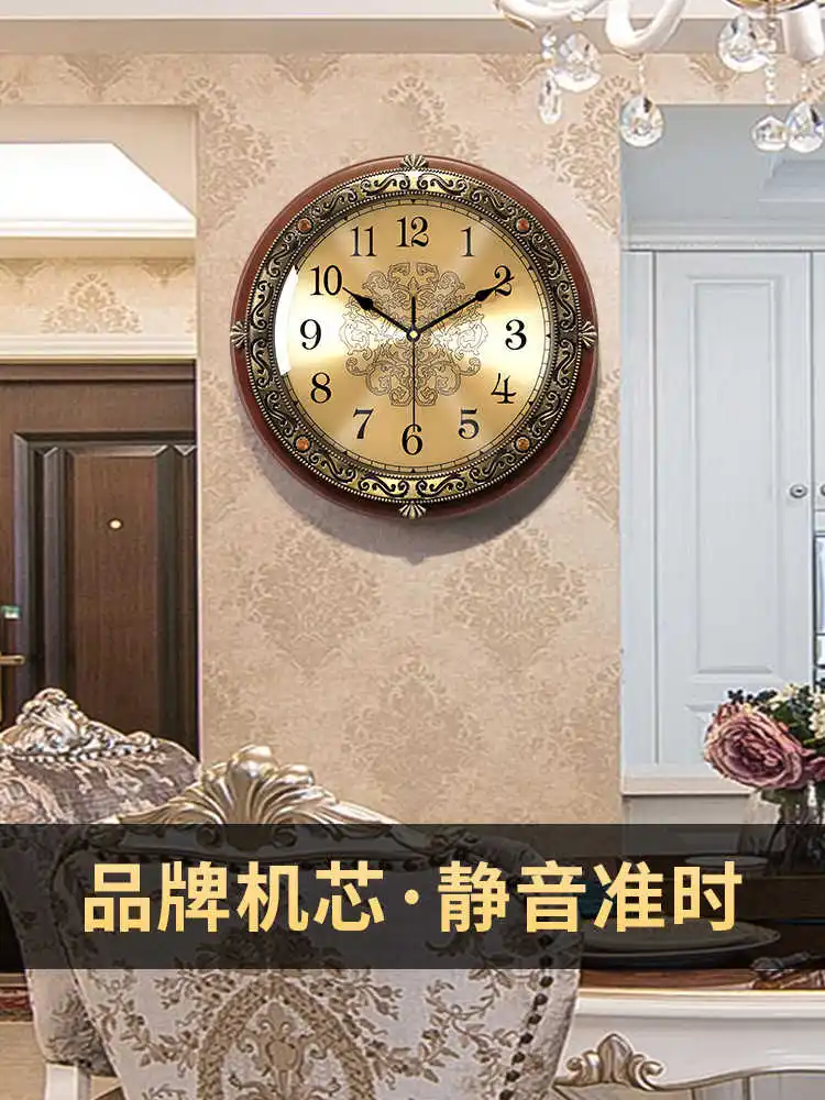 European Retro Solid Wood Wall Clock Living Room 2025 New American Silent Clock Wall Hanging Light Luxury High Sense