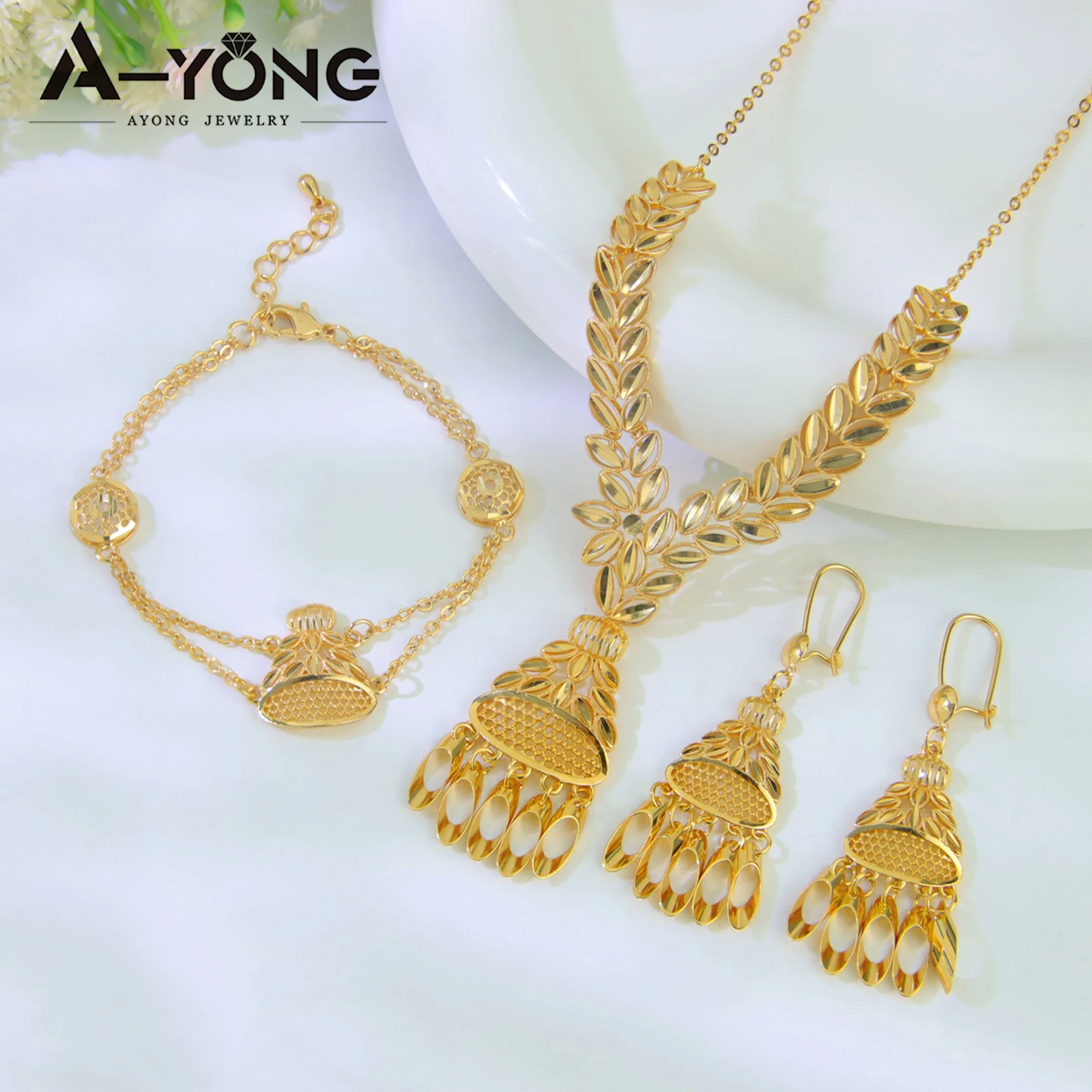 Luxuriöses Dubai Brautschmuck-Set 21k Vergoldet Nigeria Elegante Halskette Armband Ohrringe Arabischer Frauen Party-Schmuck – Detail 36