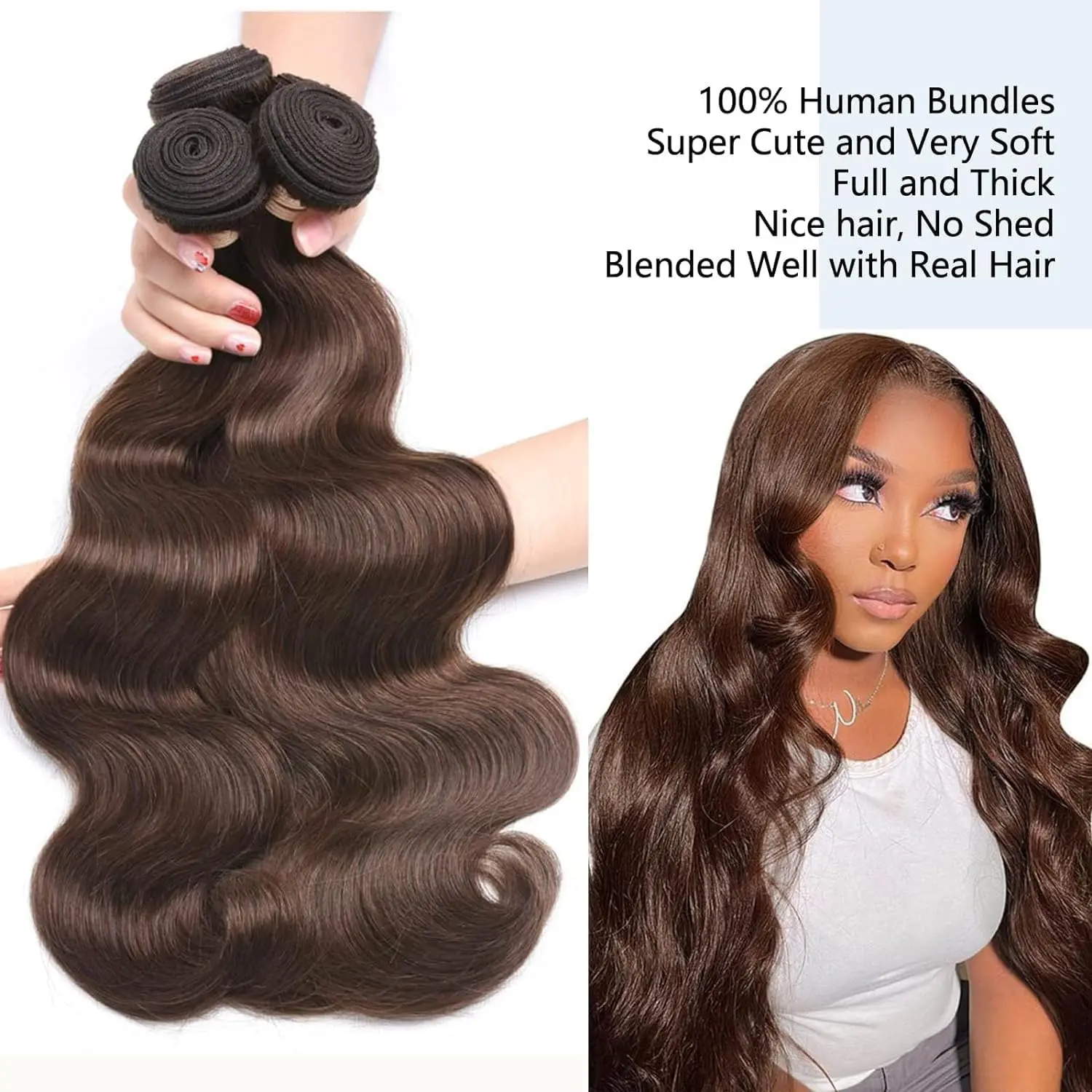 Chocolate Brown Body Wave 1/3 Bundles Human Hair Color #4 Dark Brown Colored Human Hair Bundles Remy Hair Soft Thick Bundles