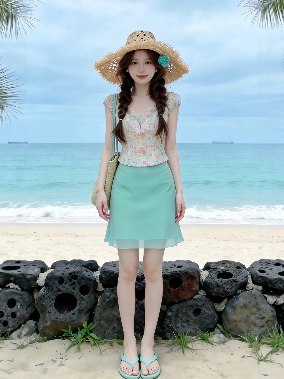 

Floral Print Top And Skirt Set Summer Beach Vacation Style Half-length Sleeve Comfortable Cotton High-waist Midi Two-piece Set