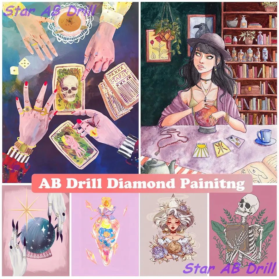 

Crystal Ball And Witchcraft Tarot Card Divination Diamond Painting 5D Cross Stitch Kit MoonBlossom Potion Witch AB Drill Decor