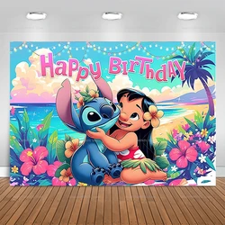 Cartoon Lilo&Stitch Party Backdrops Children's Happy Birthday Decoration Photographic Ocean Flower Background Baby Shower Banner