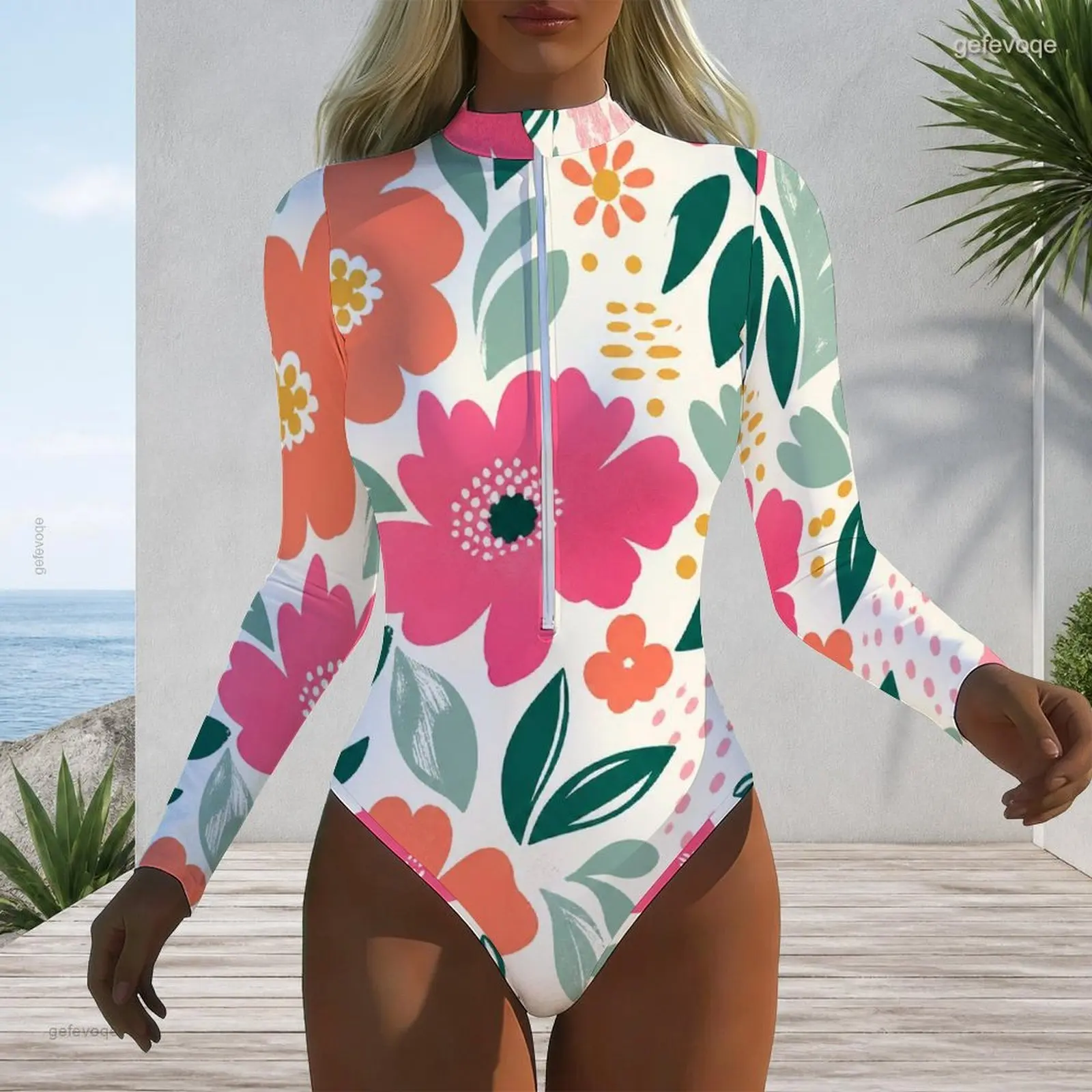 Women Swimsuit with Print High Neck Front Zip Long Sleeve One Piece