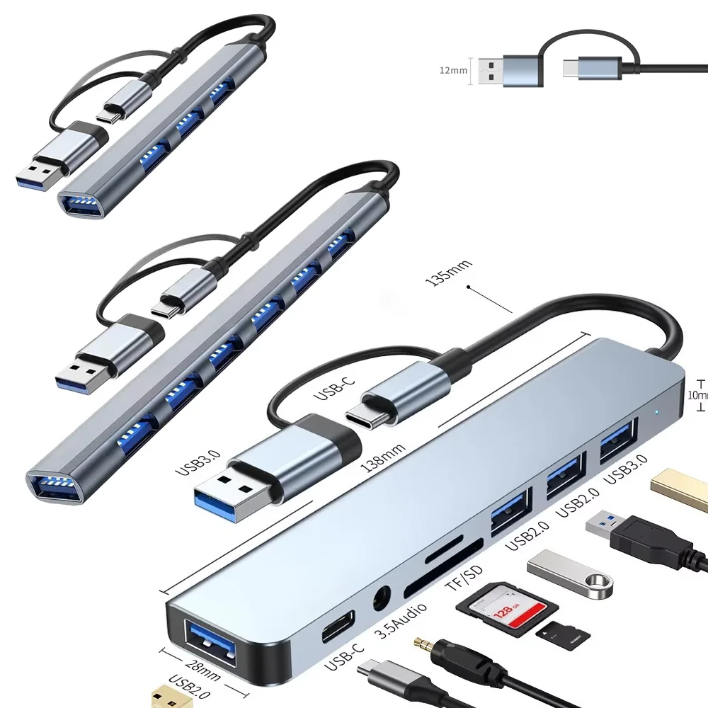 

Док-станция 4/7/8 в 2, USB + Type C HUB, адаптер аудиоразъема 3,5 мм, устройство чтения карт Micro SD, ноутбук, планшет, телефон, конвертер дисков