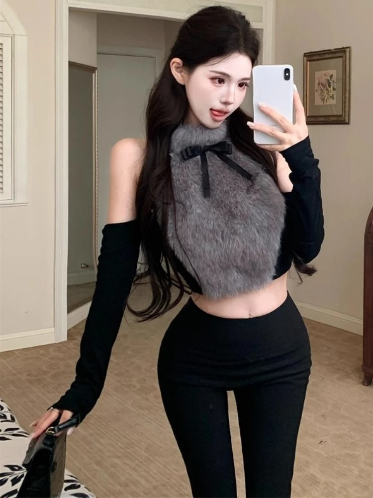 Sexy Furry Patchwork Half High Collar Tshirts Women Off Shoulder Fashion Korean Long Sleeve T-shirt New Crop Bodycon Y2k Tops