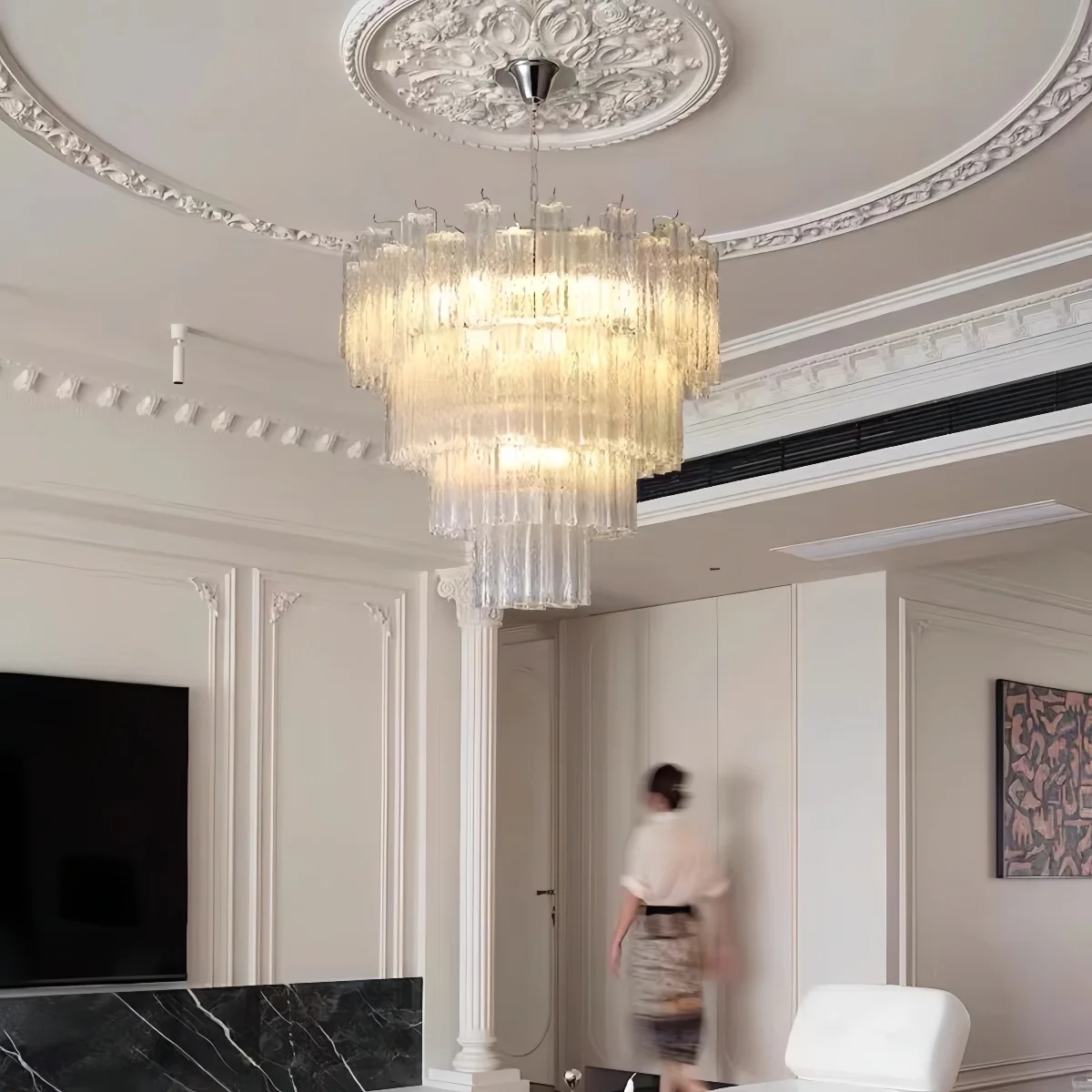 Clear Blue Glass Shade Pendant Light French Vintage Bedroom Ceiling Chandelier For Duplex Loft Stairs Living Room Decor Lighting