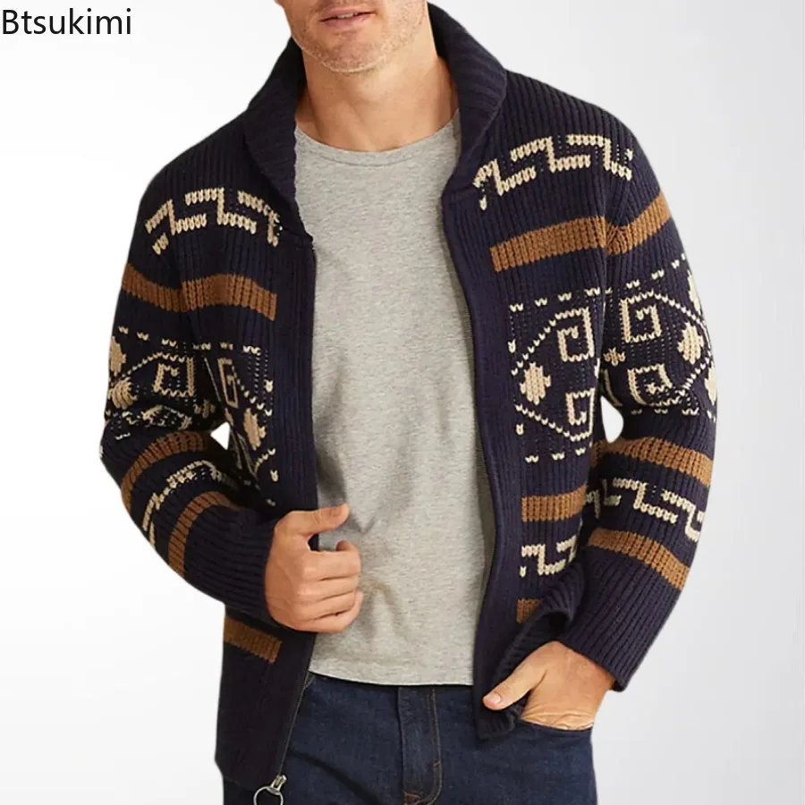 

Новые осенне-зимние мужские вязаные свитера-кардиганы в винтажном стиле с жаккардовым узором, с длинным рукавом, повседневные, высококачественные, утепленные, мужские
