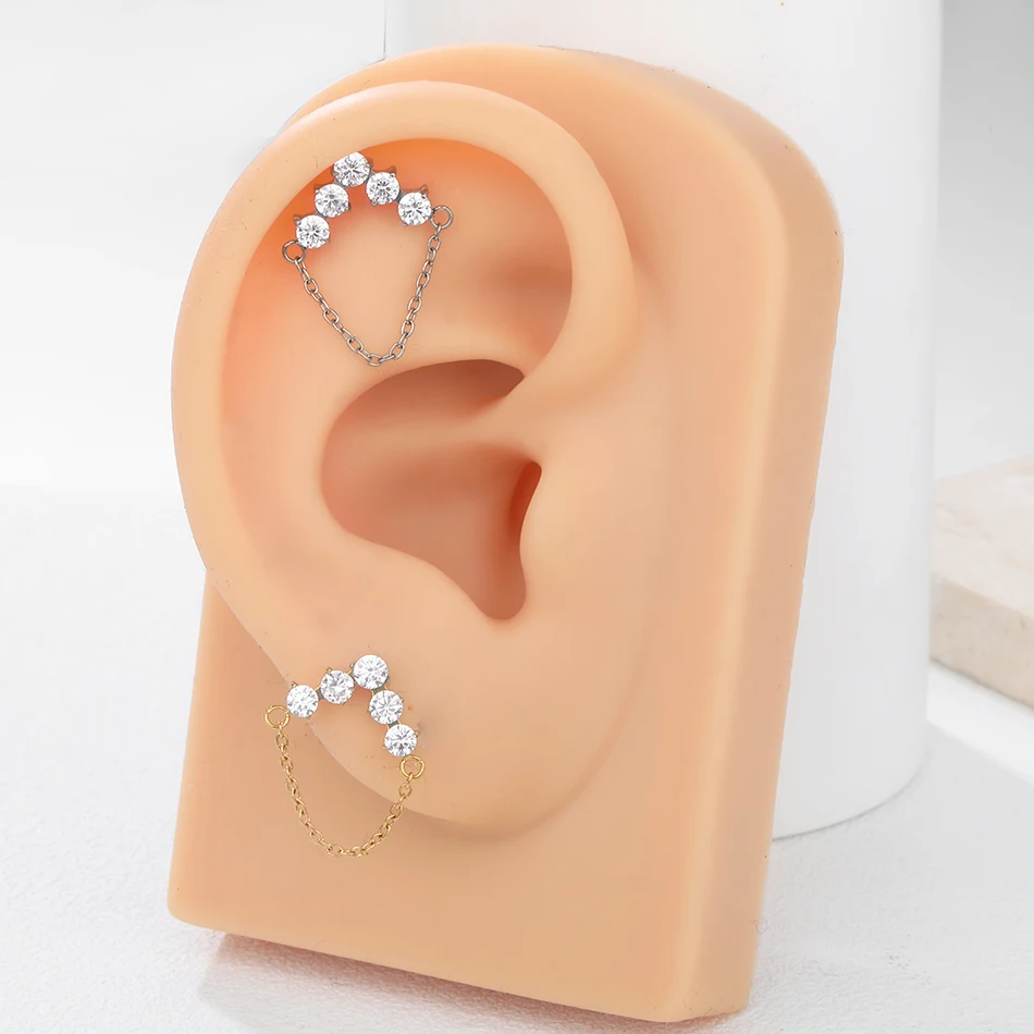 Pendientes de titanio ASTM F136 para mujer, Piercing con cadena colgante, hélice, cartílago, Tragus, Labret, labio, Parte posterior plana, regalo