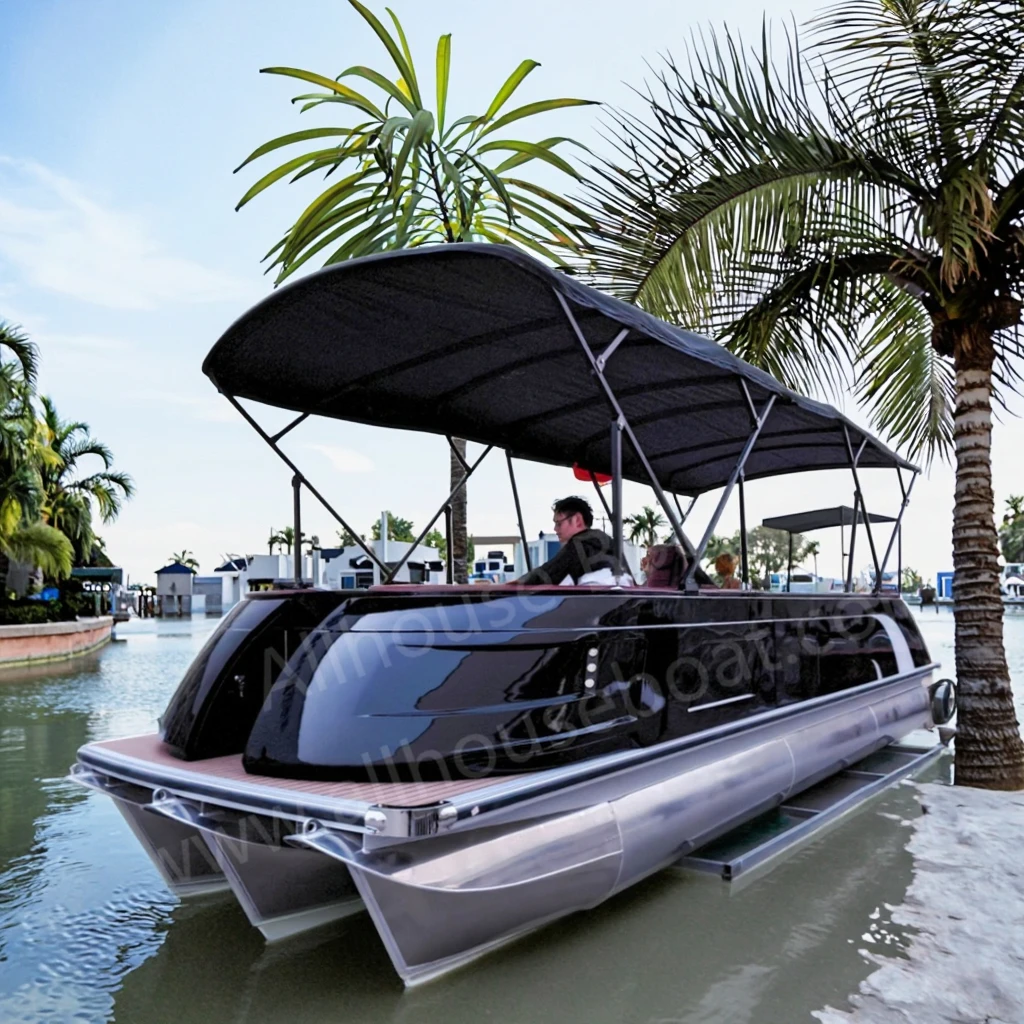 OEM Designs Welcome Multi-Purpose FRP Pontoon Vessel Luxury Yacht for Fishing Leisure Transport Aluminum Welded for River Use