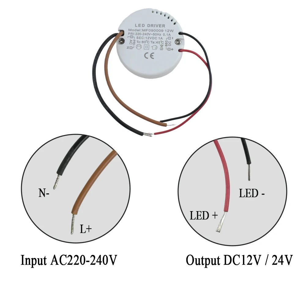 Round LED Driver adaptador de alimentação, transformador externo para lâmpada LED Strip, iluminação interior, AC 220-240V, DC 12V, 24V, 12W, 15W