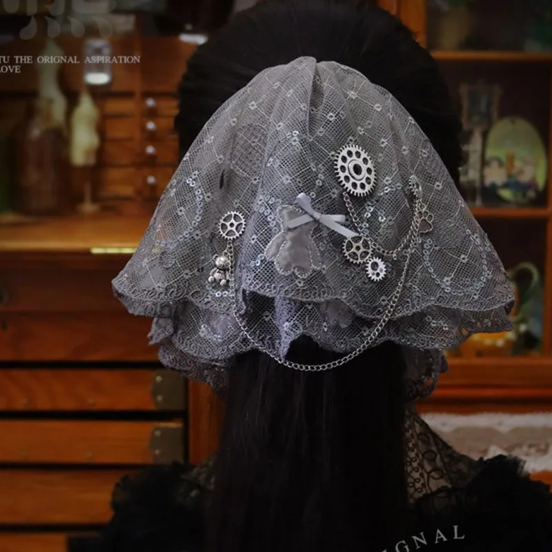 Handmade Special-Interest Design Lolita Style · Heavy Industry Mechanical Lace Embroidery Hair Ring Accessories Double Layer