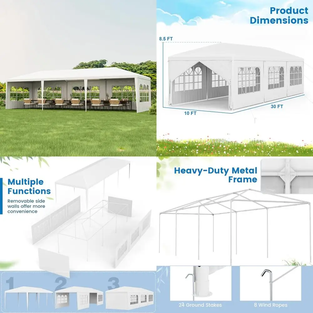 

Sturdy White Outdoor Wedding Tent - 10x30 Feet with 6 Side Panels and 2 Zippered Entrances