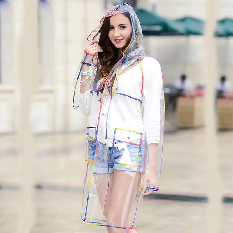 Waterproof EVA Rain Poncho with Colorful Rainbow Edge Transparent Clear Rain Coat Jacket Outdoor Rainwear for Women Biker Hiking