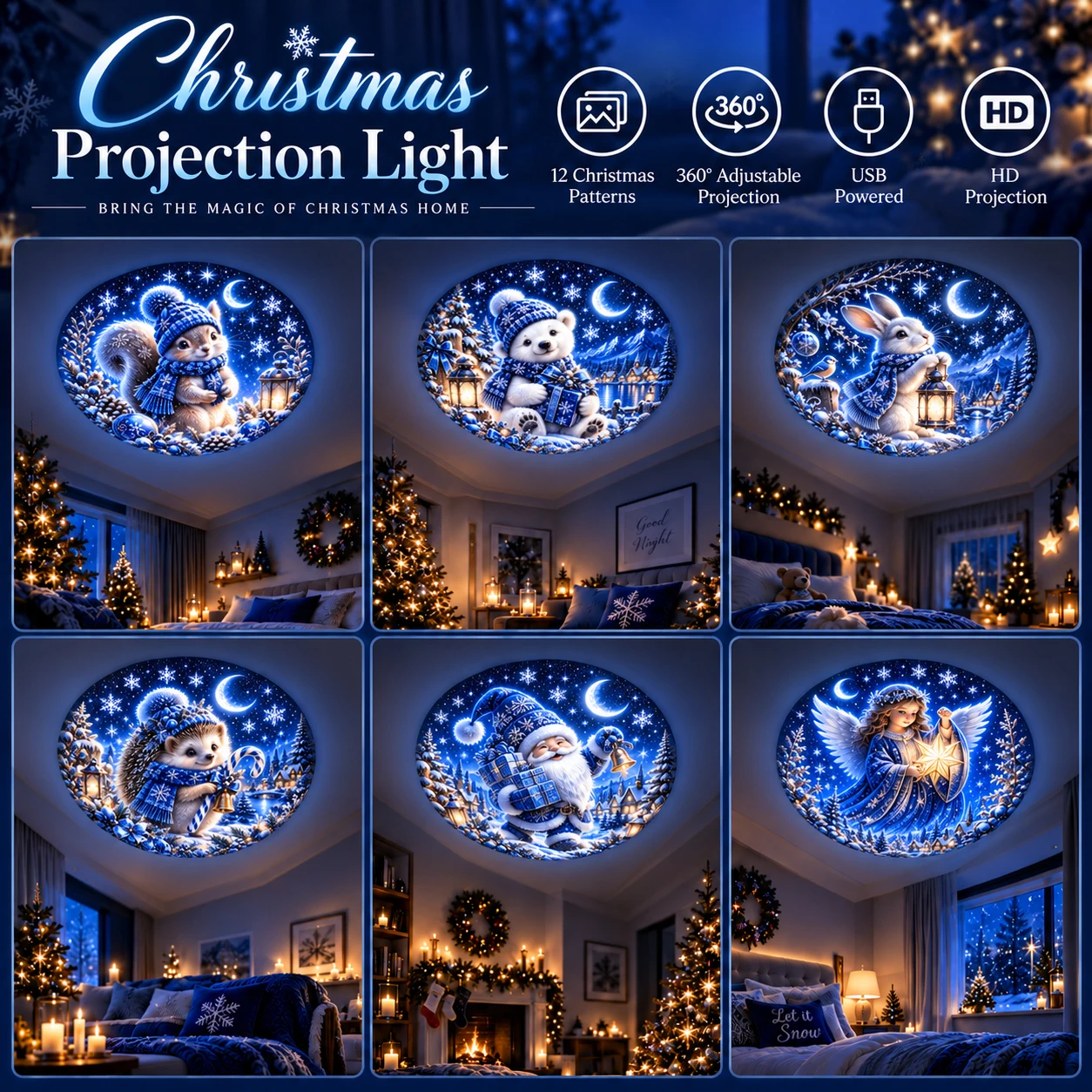 Christmas-themed projection night light, suitable for ceiling decoration and creating festive ambient lighting.