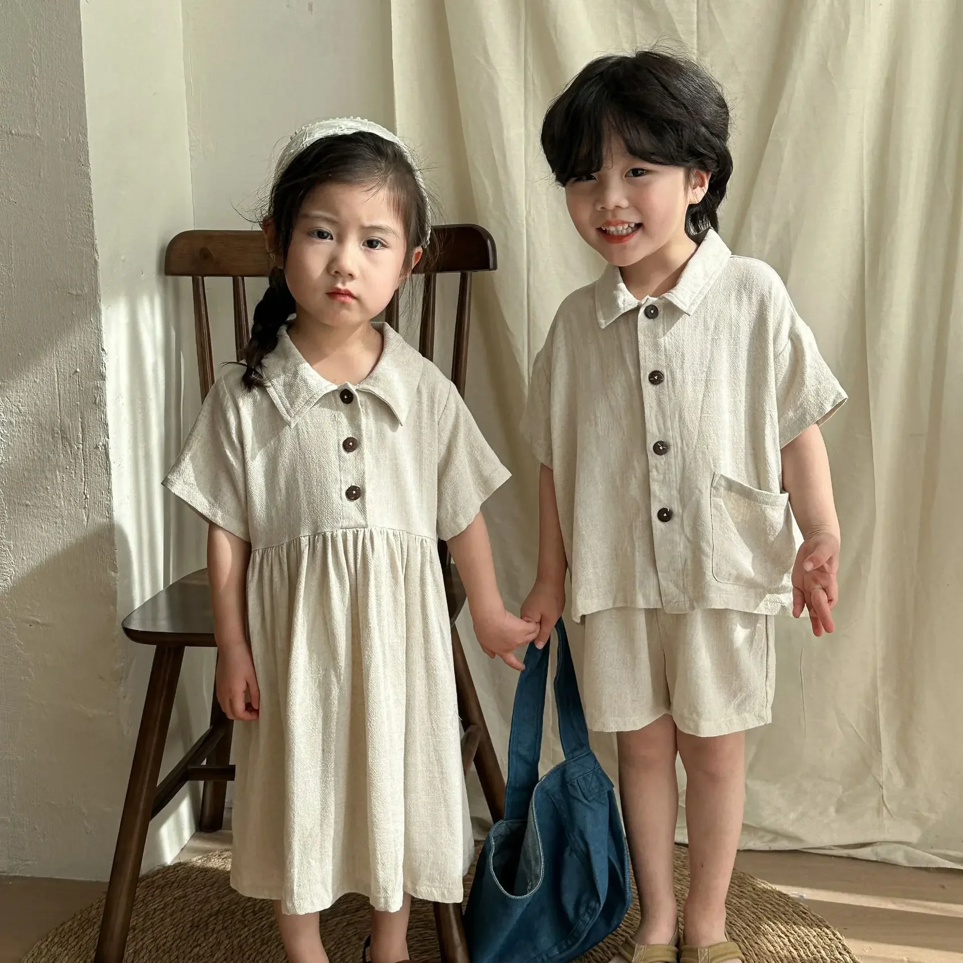 

2024 Summer Clothes Brother Sister Outfits Girl Children Linen Solid Short Sleeve Dress Boy Baby Loose Casual Tops+Shorts 2pcs