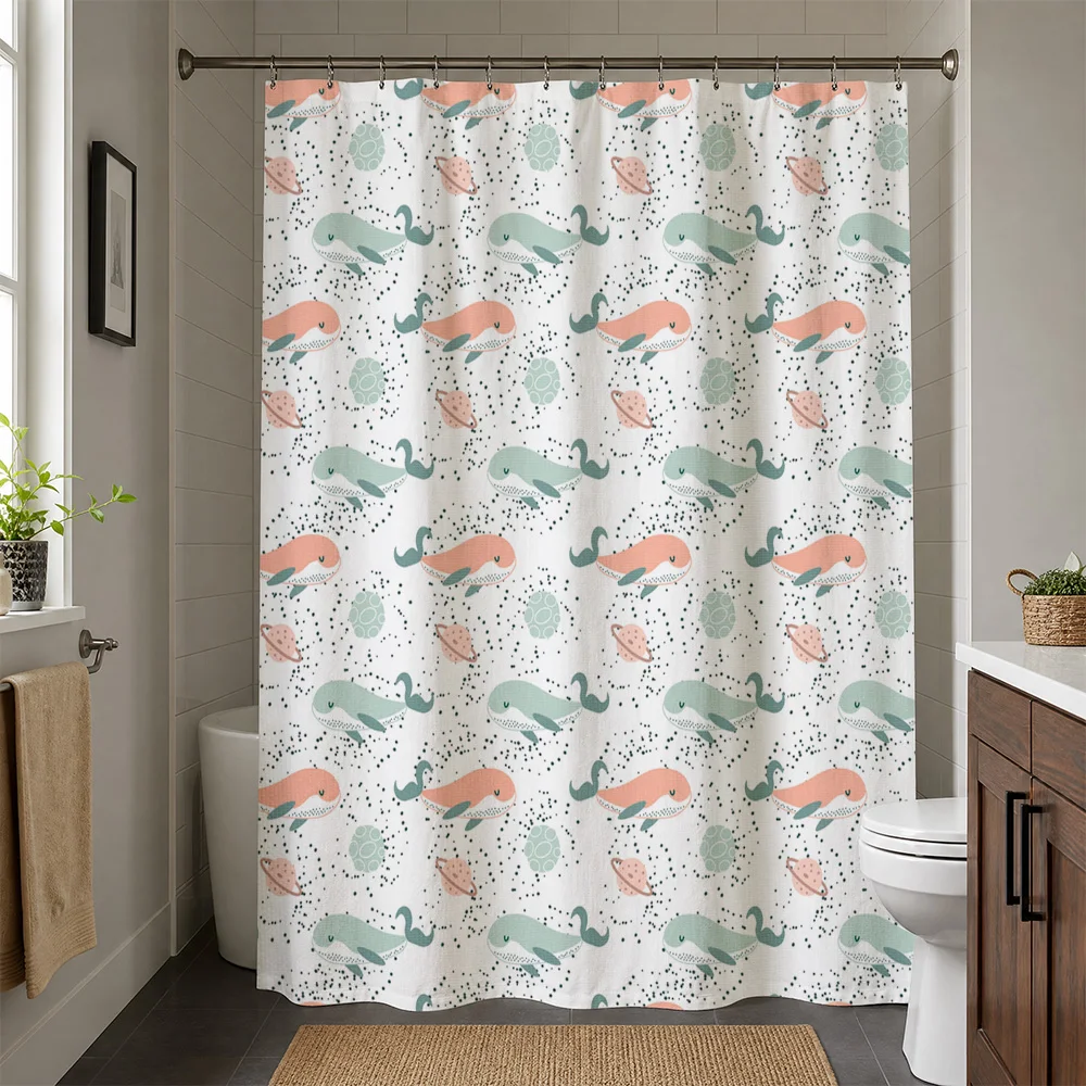 Whimsical Sea Turtle Ocean Shower Curtain Liner Waterproof Tropical Bathroom Decor Art Print Teal Coral Coastal Aesthetic Gift