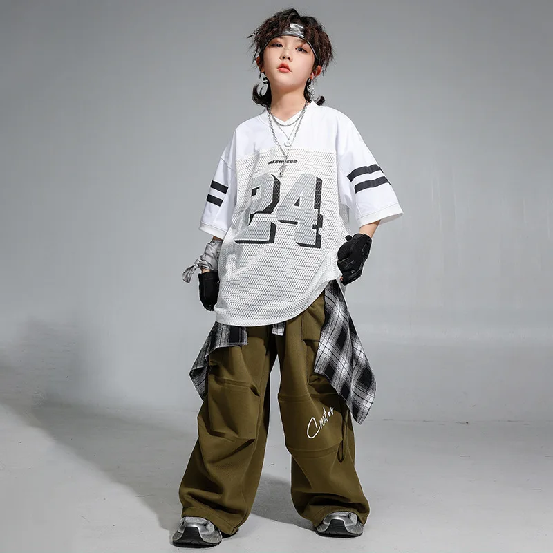 

Kid Hip Hop Clothing White Net V Neck T Shirt Army Green Casual Parachute Cargo Pants for Girl Boy Jazz Dance Costumes Clothes