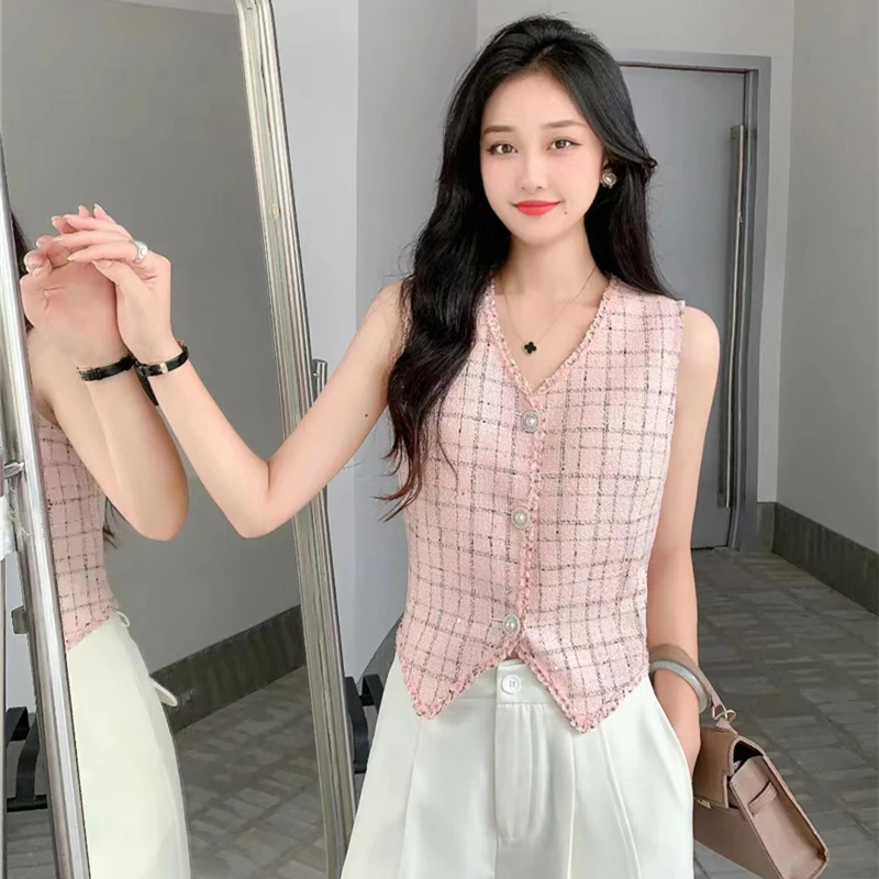 2024 Summer New Small Fragrant Style Sleeveless Vest Top Women's Fashion and Elegant Charm Plaid Short Top Female Clothing