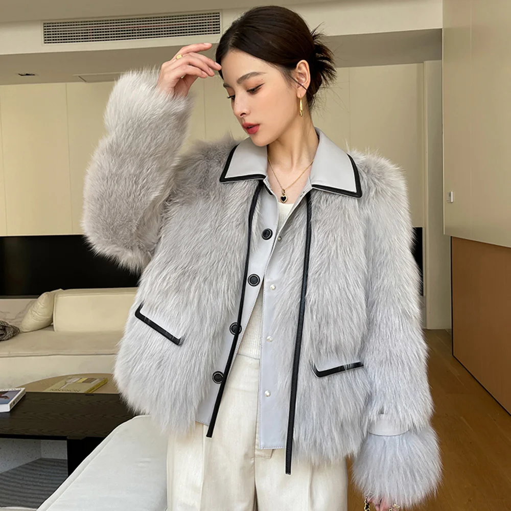 Fox Women Fur Real Coat Autumn Winter Elegant Ladies Thick Warm Double-faced Fur Jacket Goose Down Liner Loose Outewear Female