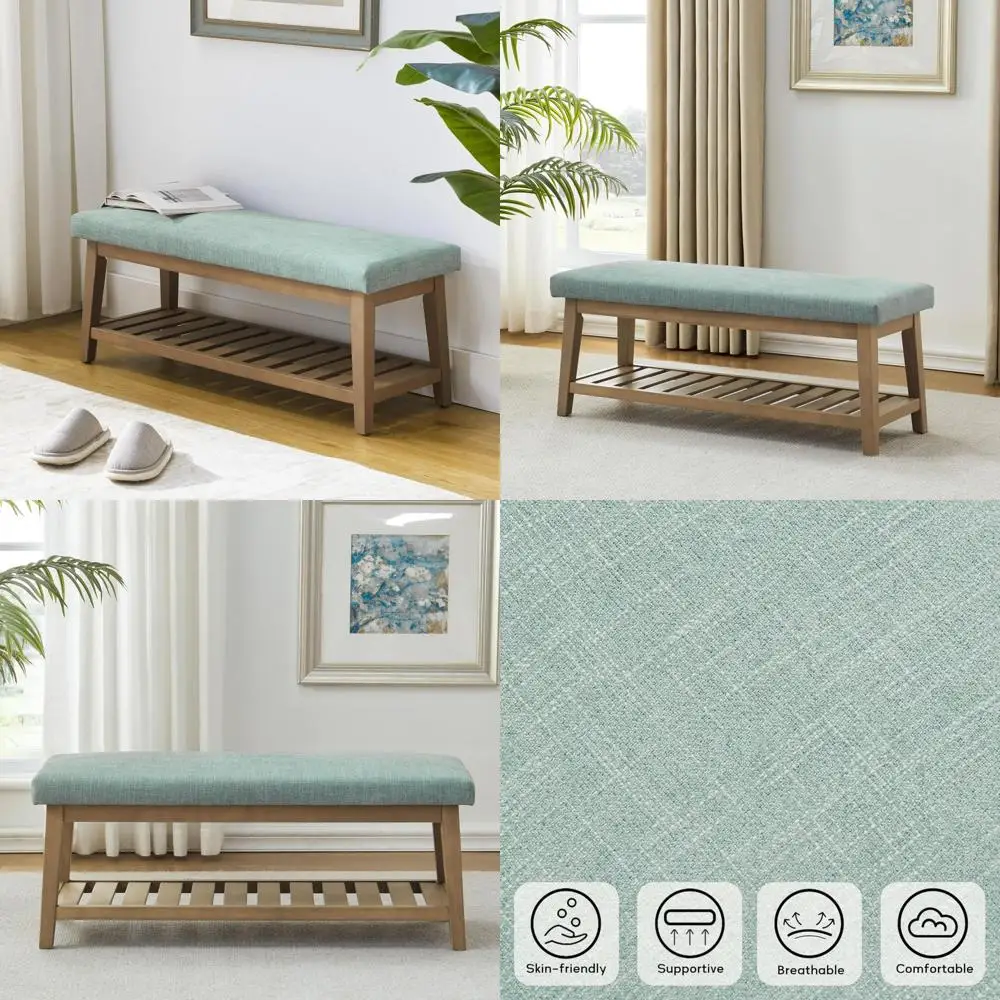 Upholstered Entryway Shoe Bench with Cushion, Multipurpose Bed End Storage, Solid Wood Shelf Kitchen Bench, Fabric Ottoman Bench