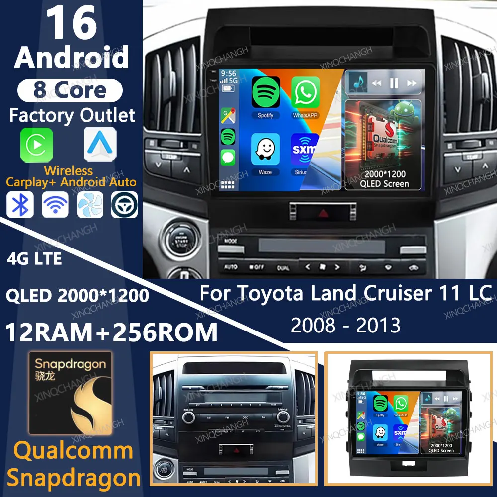 Android 16 Car Radio For Toyota Land Cruiser 11 LC 200 2008 - 2013 Multimedia Stereo Video Player 4G WIFI Qualcomm Head Unit BT