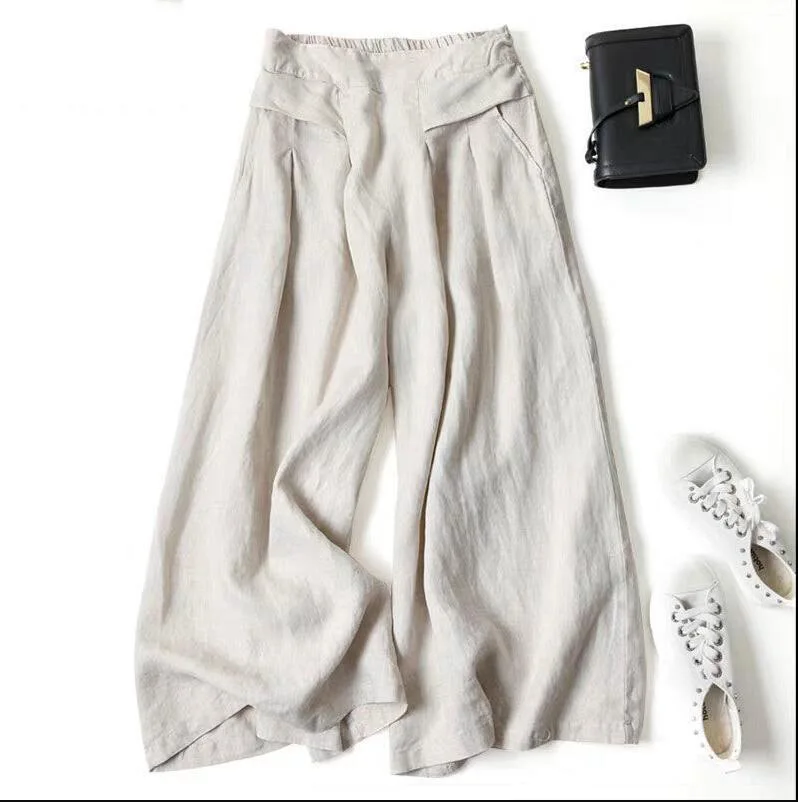 2025 Pantaloni estivi in lino a gamba larga Pantaloni casual bohémien elastici a vita alta Fiori larghi Leggeri e confortevoli