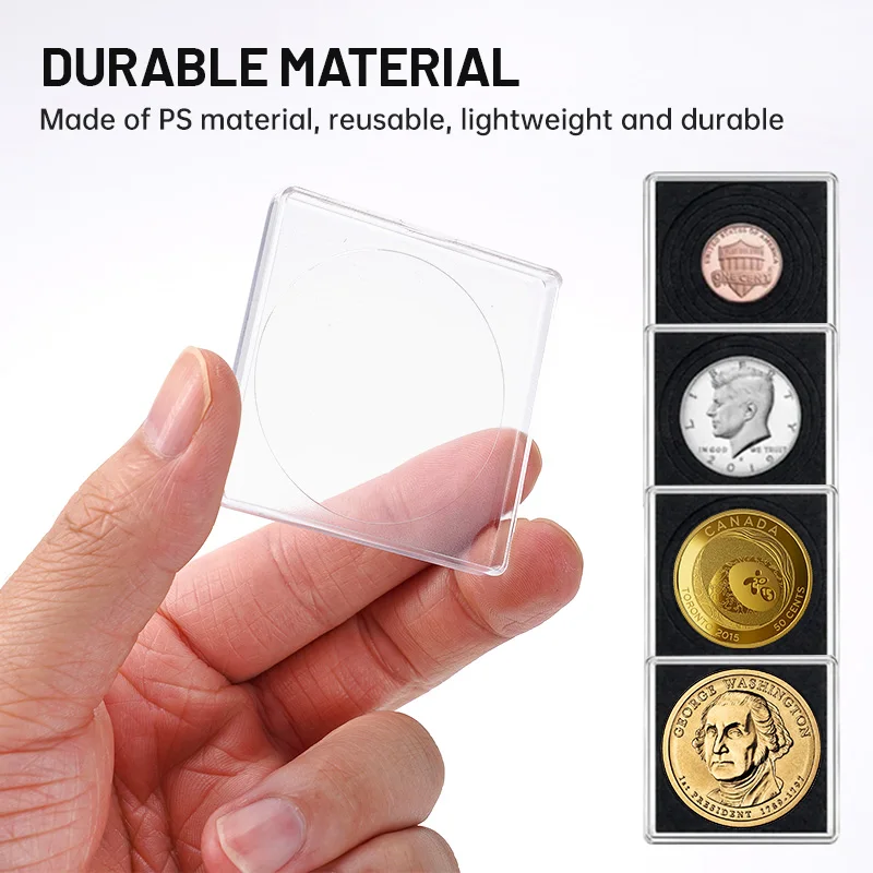 20pcs Mini Square Coin Storage Box Foam Padding Inner Pad Small Coin Plastic Transparent Container Protection 20/25/30/35/40mm