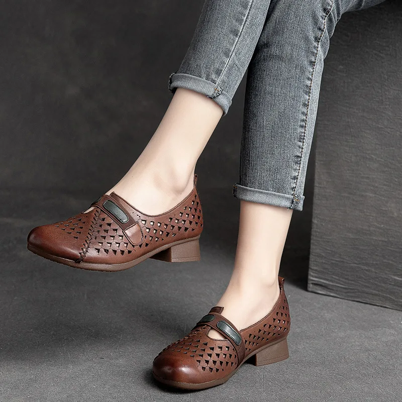 

Туфли женские из натуральной кожи, дышащие, без застежки, на низком каблуке, обувь для мам, лето 2022