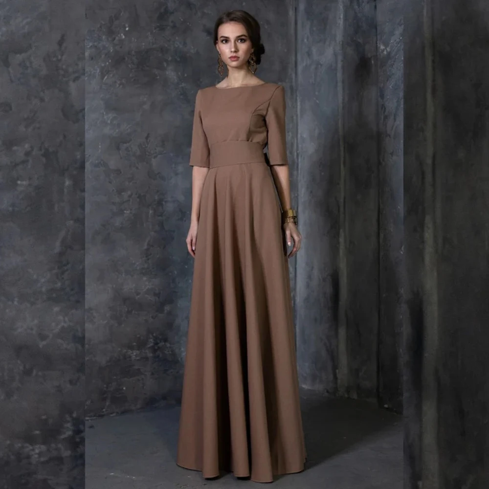 Customized Simple Brown Jersey O-neck Bridemaid Party Gowns With Bow Draped Retro A-line Floor Length Elegant Evening Dresses