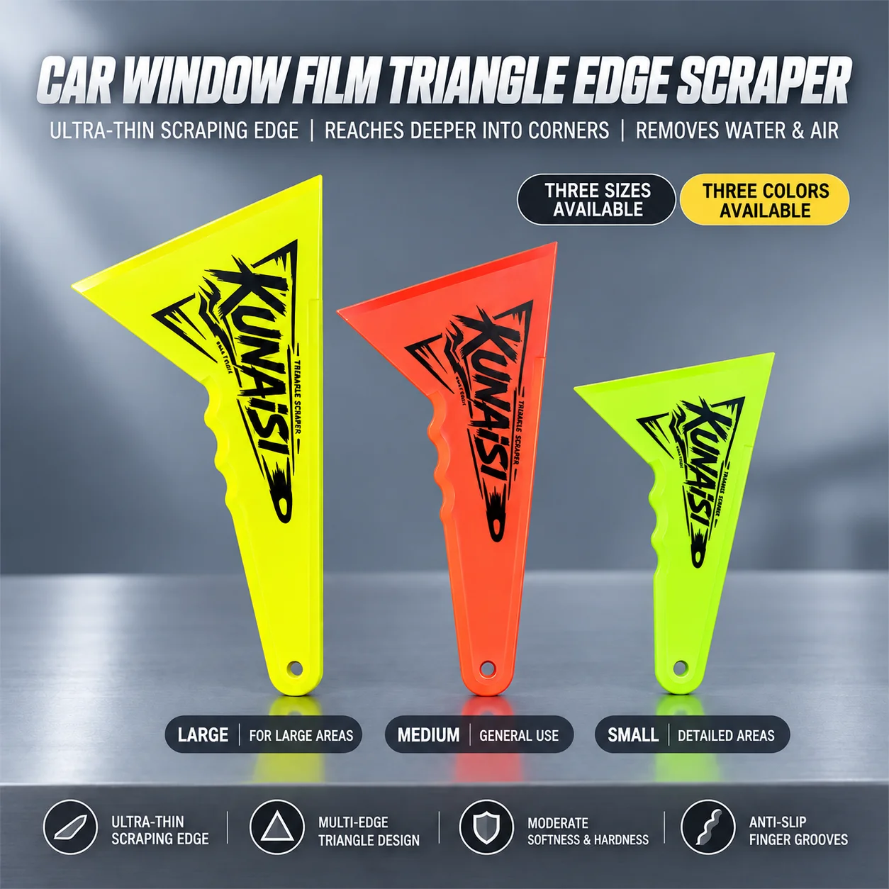 KUNAISI 3 Sizes Triangle Squeegee Silicone Grip Car Window Tint Vinyl Wrap PPF Edge Tucking Water Removal Scraper Tool