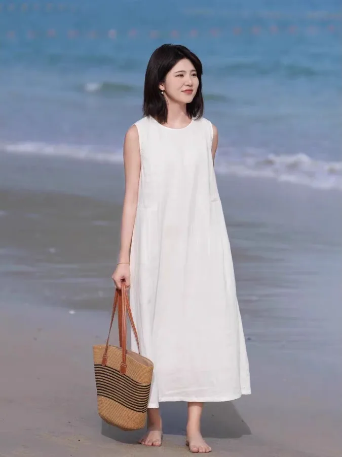 

Japanese Sle Loose Long Svel Vest Dr Women's Summer New Sle Casual Breathable Skin-friendly PVC Cotton Gown
