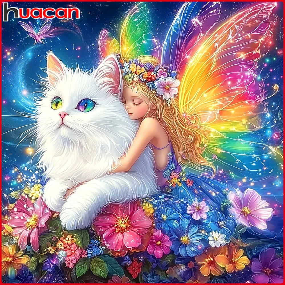 Huacan 5D DIY Diamantmalerei Katze Schmetterling Fee Diamantstickerei Tierporträt Komplettset Bastelset