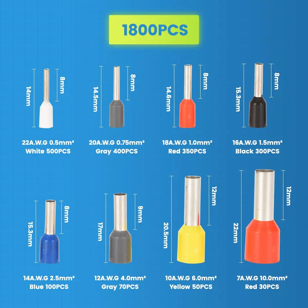 1800pcs Wire Ferrules Kit Ferrule Connectors AWG22-7 Wire Crimp Pin Terminals Insulated Cord Wire Ends Terminals