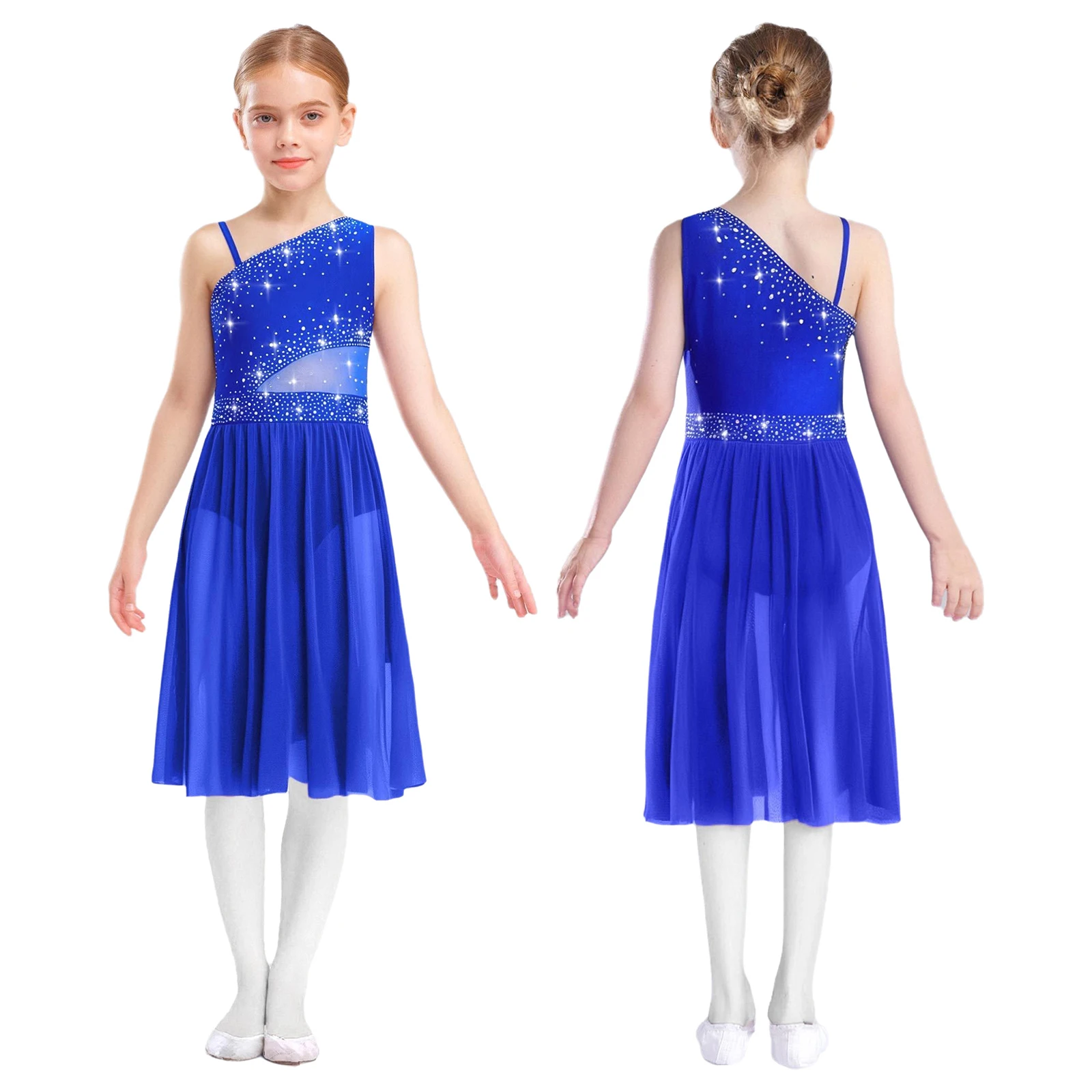 

Girls Lyrical Jazz Dance Dress Shiny Costume One Shoulder Sleeveless Sheer Mesh Rhinestones Dress for Figure Skating Performance