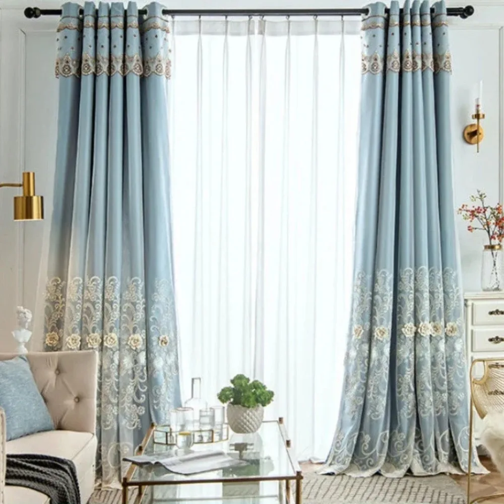 Curtains for Living Room Bedroom Dining Embossed Double Layer High Shading French Luxury Embroidered Double Open Windows