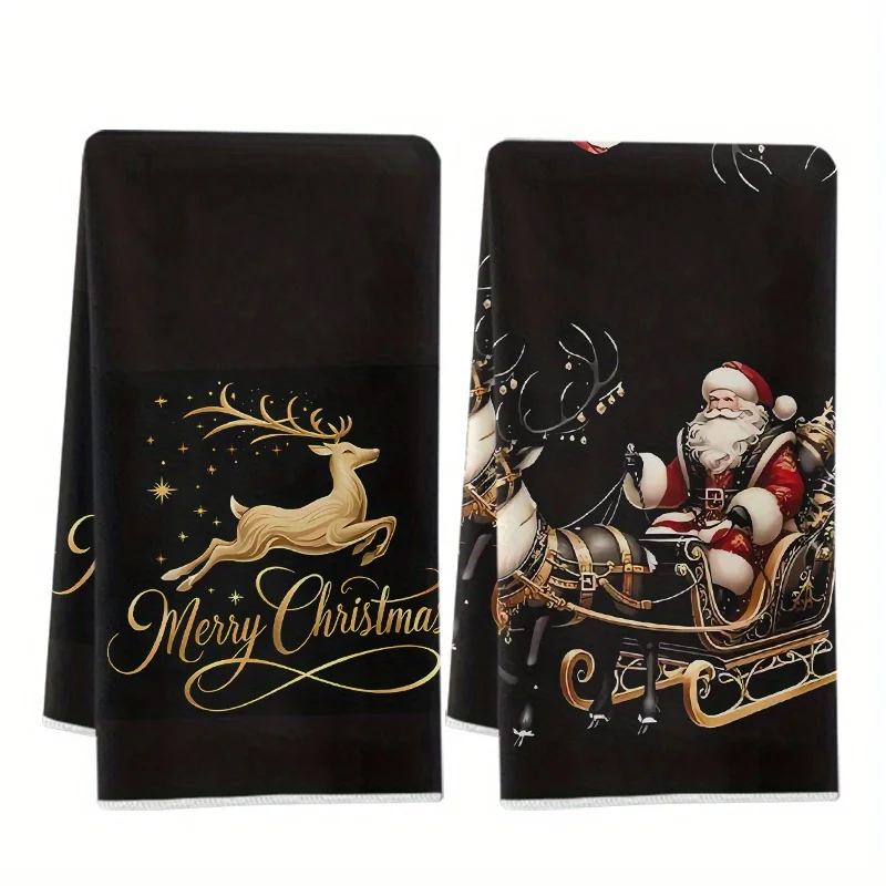 Pack of 2, black Golden Deer Santa kitchen towel, towel set, super absorbent soft cleaning cloth, cooking and baking tea towel