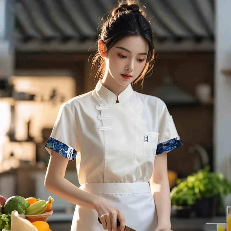 Uniformes de Chef de estilo chino, Tops de trabajo de cocinero de cocina de manga corta transpirables de verano Unisex, abrigo de Chef de restaurante para hornear en Hotel
