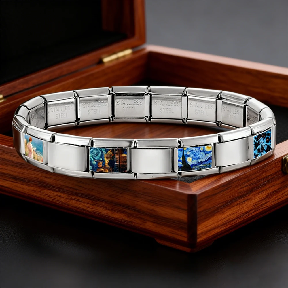 Blue Landscape Oil Painting Black Gold Silver Italian Charms Fit 9mm Stainless Steel Women Fashion Bracelet DIY Jewelry Gifts