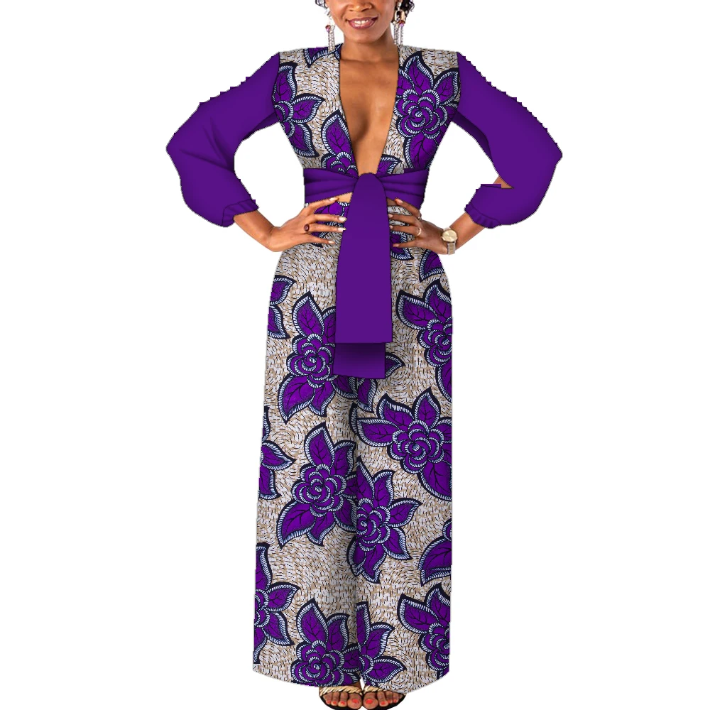 

Bintarealwax Customized Size African Women Jumpsuit Dashiki Casual Wide Leg Pants Long Sleeve Bodycon Africa Clothing WY9359