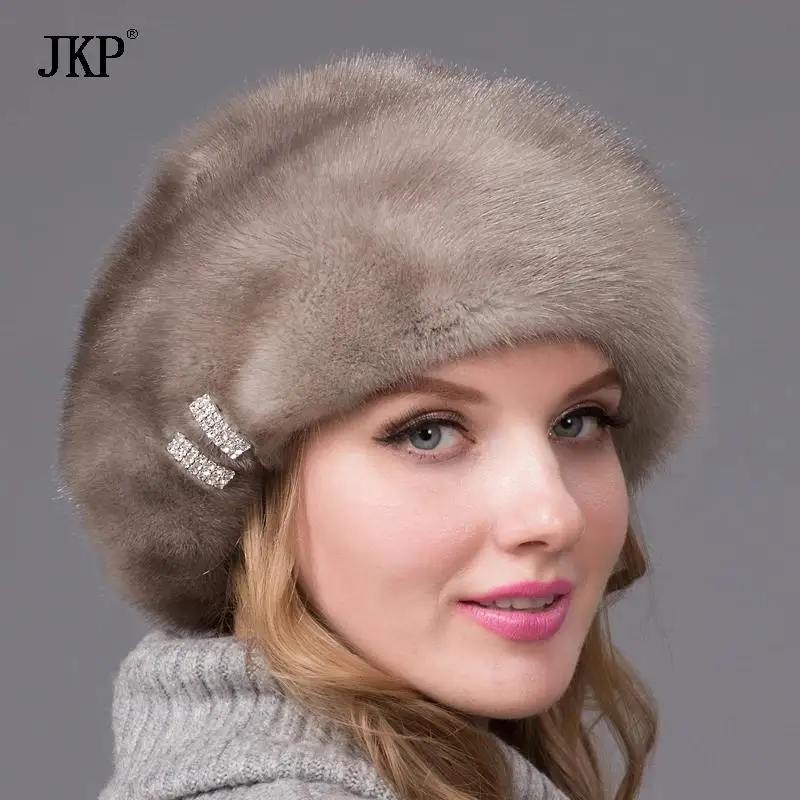 Real Mink Fur Hats Winter Women Cap With Diamond Brown Beanies Mink Fur Beret Russia Good Quality Fashion Fur Hat dhy-53