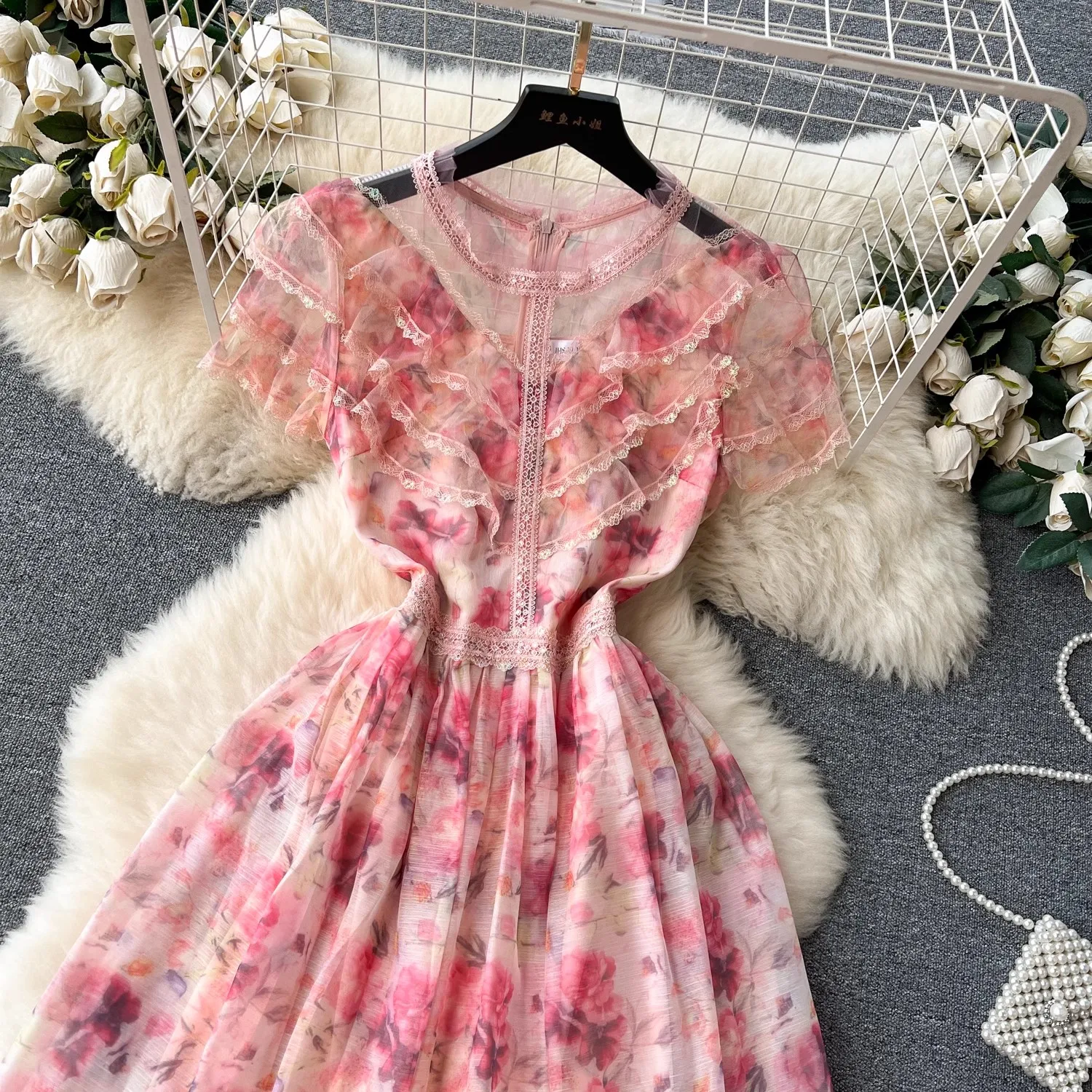 Fashion Luxury Summer Pink Flower Cake Ruffles Dress Vintage Women Stand Collar Mesh Floral Patchwork Lace Holiday Long Dresses