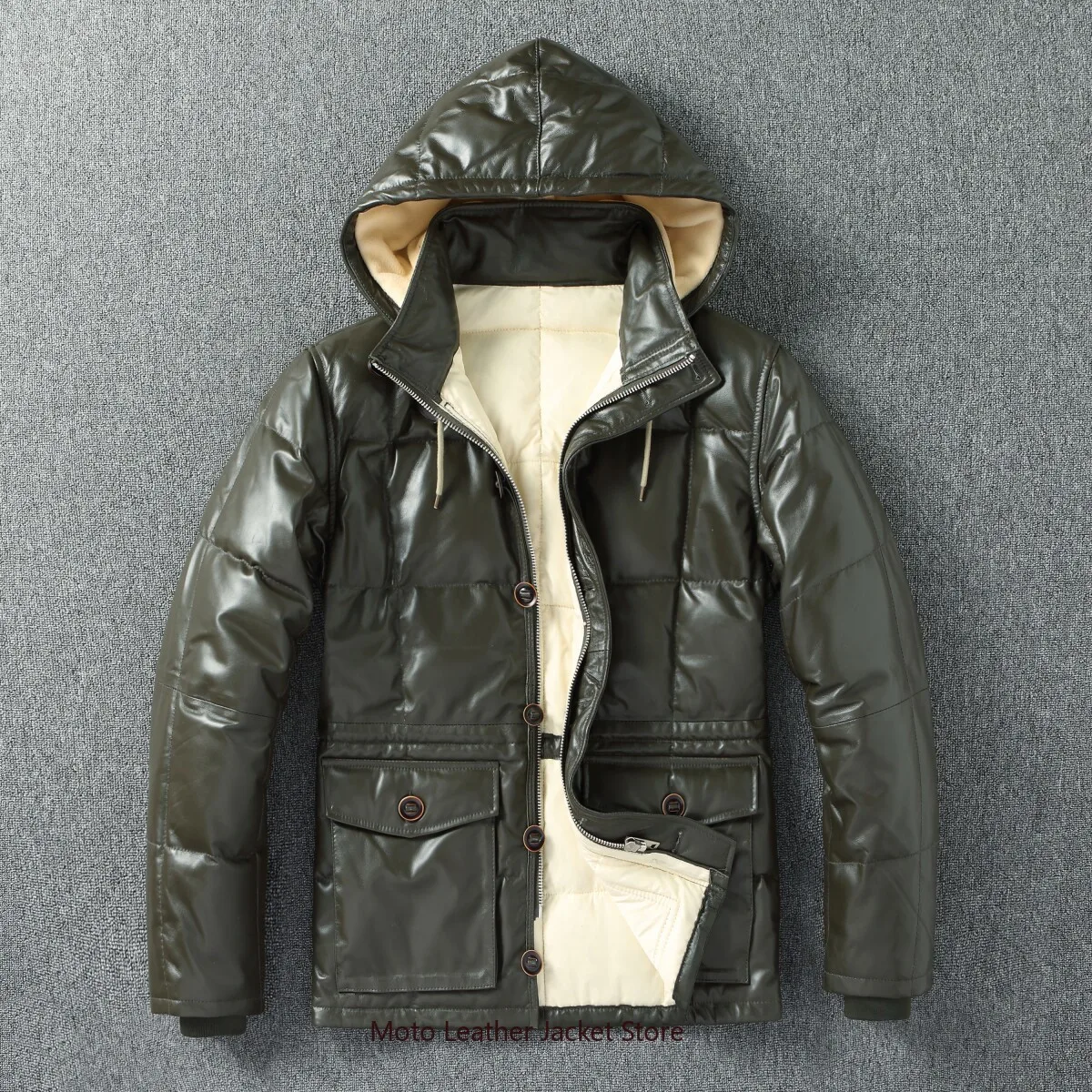 2026 New Men's Genuine Leather Down Jacket, Winter Thick Warm Sheepskin Coat, Detachable Hood Explorer Leather Jacket