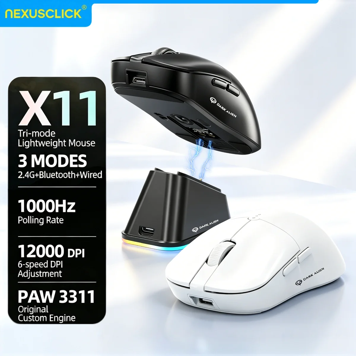 NexusClick X11/X3 Tri-Mode Lightweight Gaming Mouse PAW3311, 12000 DPI, 500 MAh, Esports Mouse Magnetic Fast Charging, RGB Backl