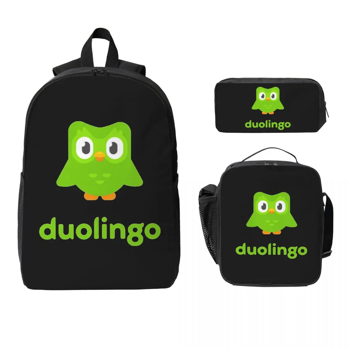 

Рюкзак Duolingo Owl Duo, студенческая сумка для книг для мальчиков и девочек, школьная сумка, сумки на плечо для ноутбука, изолированная сумка для обеда 3 шт., пенал