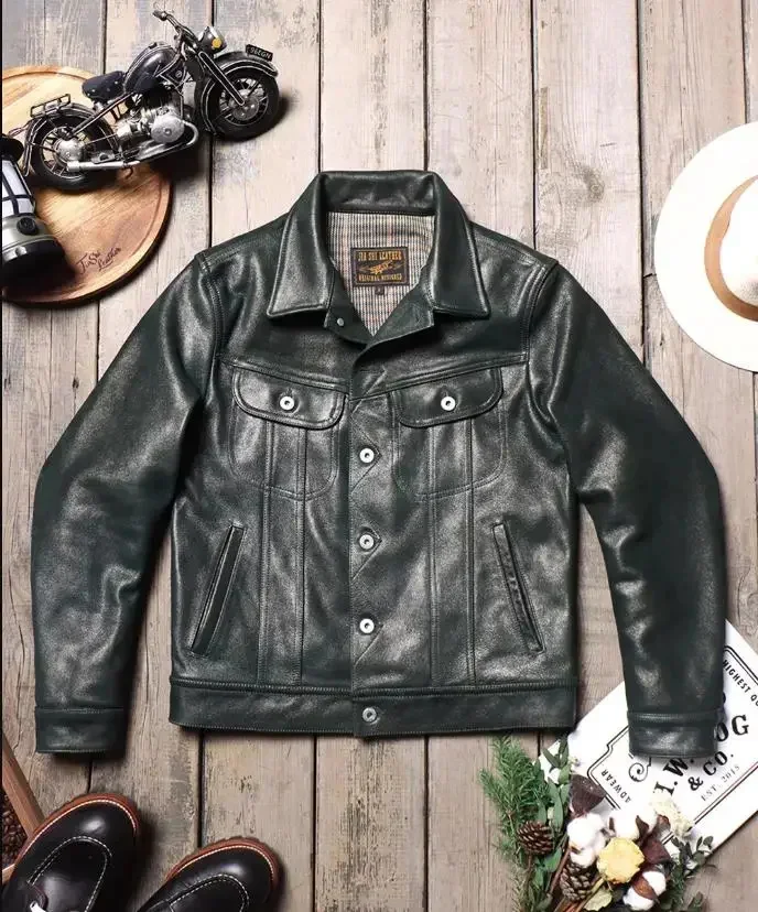 LNY!Wholesale.Mens slim fit denim leather jacket,Black Safari style Italian calf coat.Classic casual.real